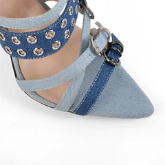 Close-up of denim sandal straps and buckle detail