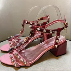 Crystal Embellished Chunky Heel Sandals