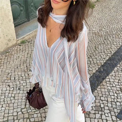 Striped V-neck Flare Sleeve Top