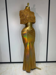 Sparkly Diamond Mock Neck Shawl Crop Top and Maxi Skirt Set