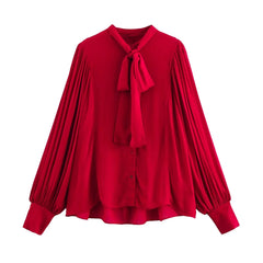 Solid O-Neck Bow Button Long Sleeve Blouse