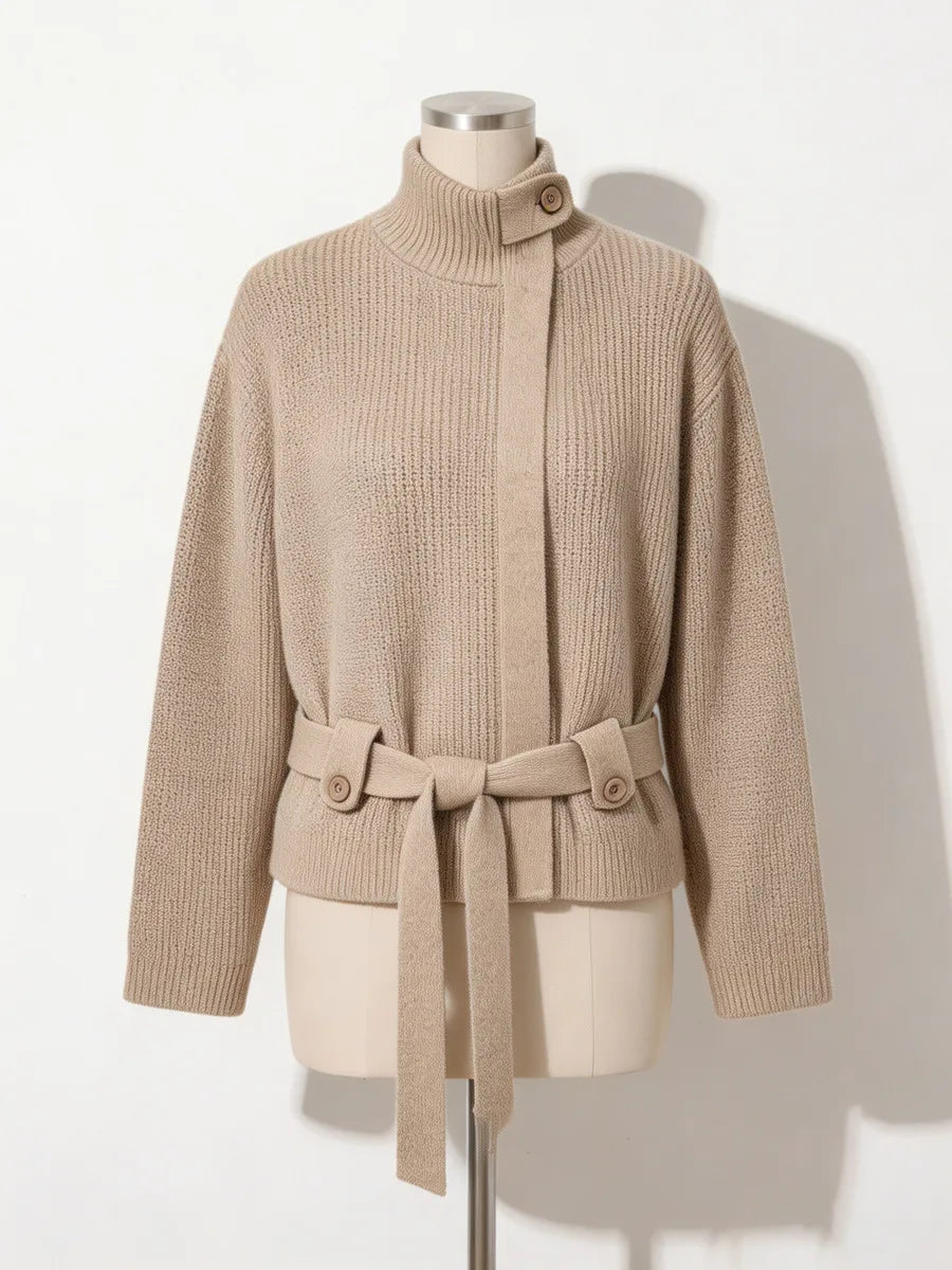 Ribbed knit belted turtleneck coat on mannequin