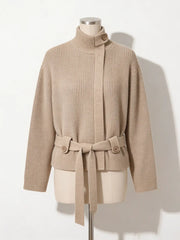 Ribbed knit belted turtleneck coat on mannequin