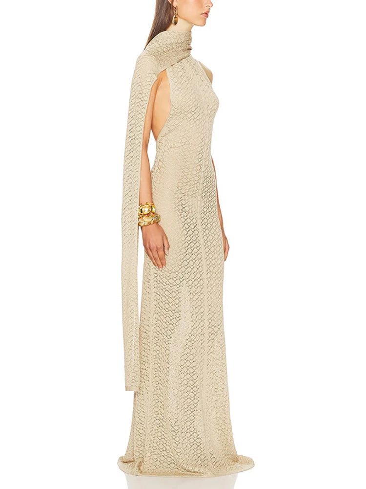 Beige halter neck dress side view