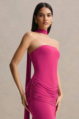 Strapless Choker Neck Gathered Waist Maxi Dress