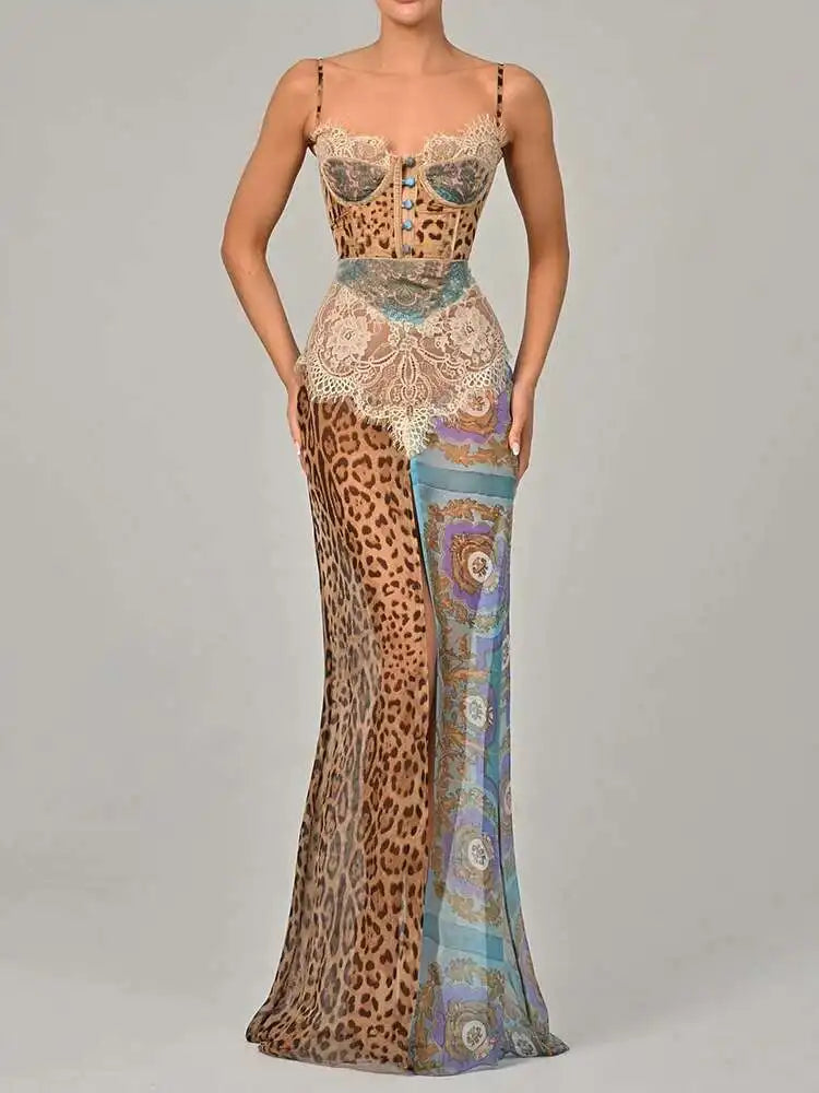 Long dress with leopard print and multicolor pattern on a plain background