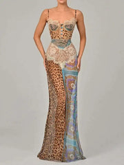 Long dress with leopard print and multicolor pattern on a plain background