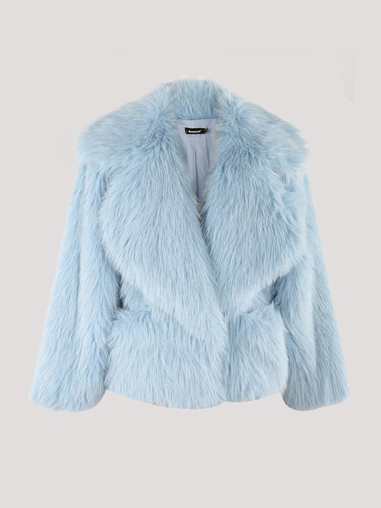 Sky blue fluffy shawl collar jacket