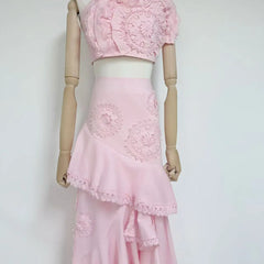 Floral Lace One-Shoulder Top Asymmetric Ruffle Skirt Set