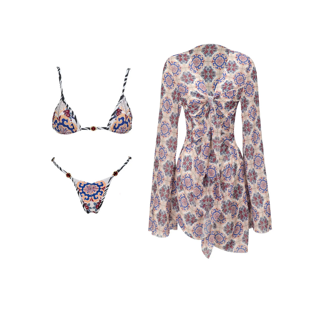 Two-piece swimwear set with geometric pattern laid out