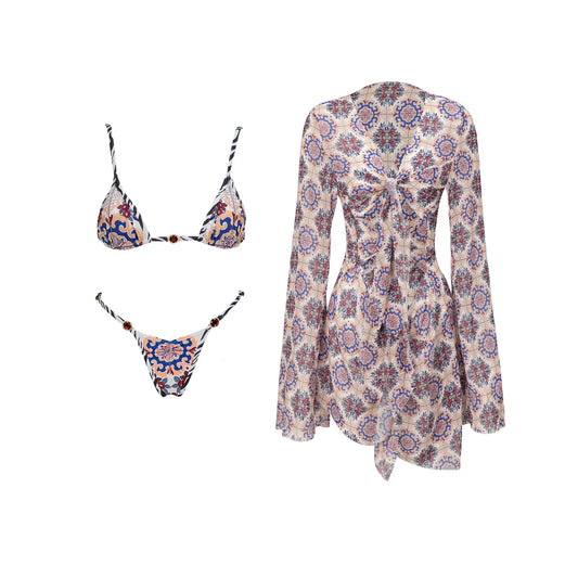 Two-piece swimwear set with geometric pattern laid out