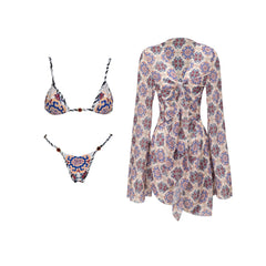 Two-piece swimwear set with geometric pattern laid out