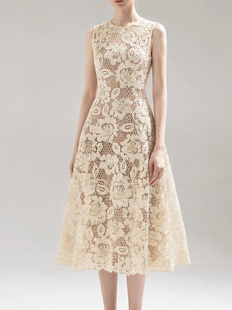 Close-up of intricate floral lace detail on sleeveless midi dress