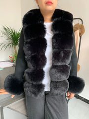 layered fur and knit cardigan winter style