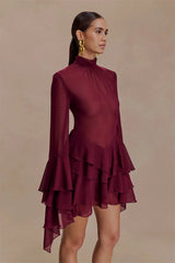 Sheer ruffle turtleneck mini dress side view