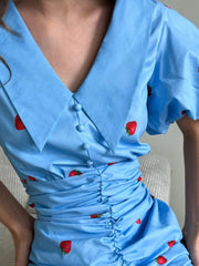 Puff Sleeve Ruched Mini Dress with Collar