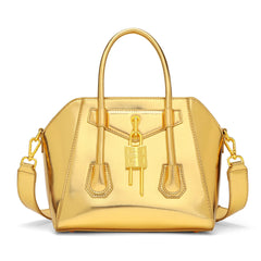 Metallic Structured Lock Satchel Bag