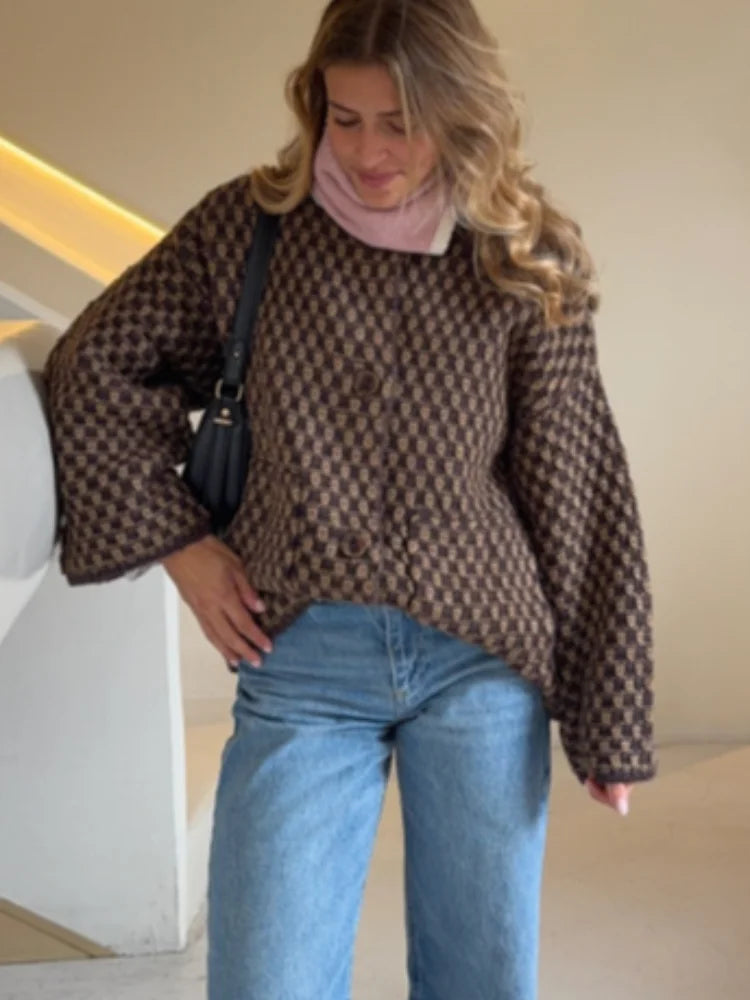 Plaid Knit Button-Front Coat
