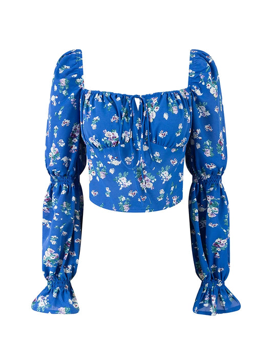 Square neck tie-front puff sleeve blouse with floral print in blue