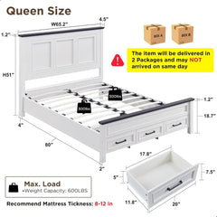 White wooden bed with dimensions and packaging information on a white background