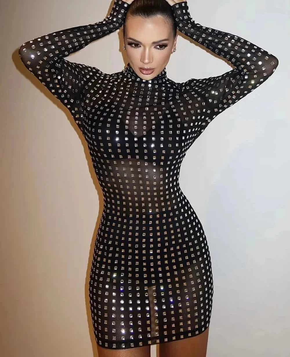 Back Diamond Crystal Long Sleeved Mini Dress