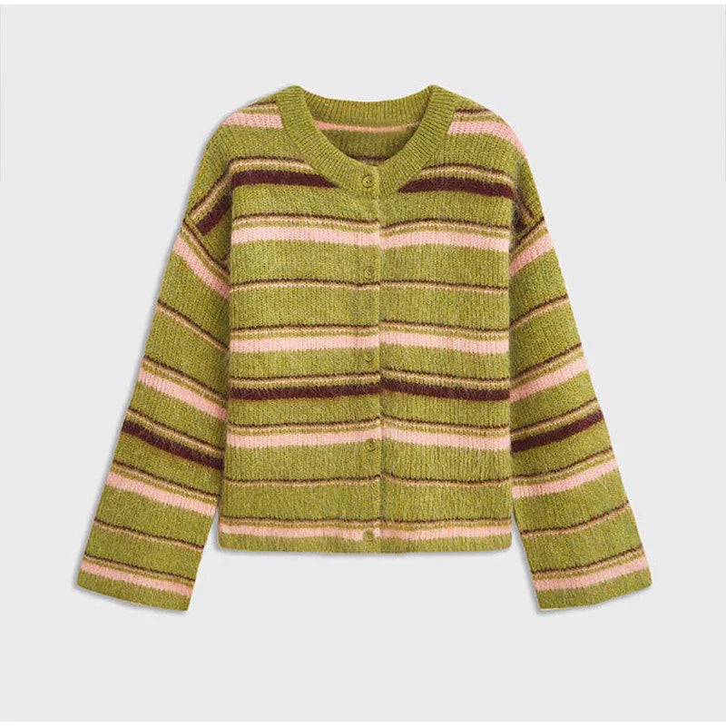 Striped sweater with green, pink, and brown colors on a light gray background