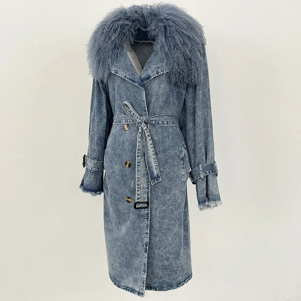 Blue denim coat with fur hood on a light gray background