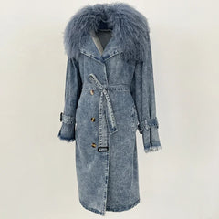 Blue denim coat with fur hood on a light gray background