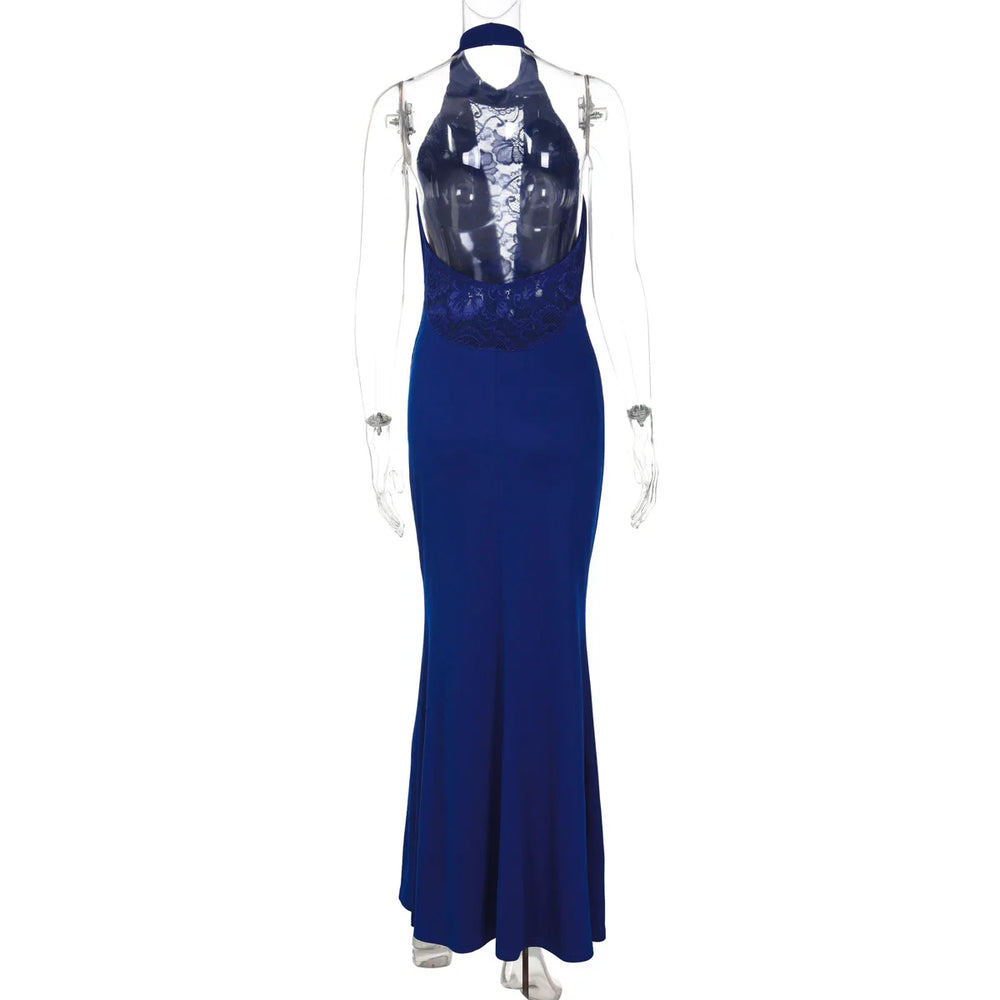 Blue evening gown with silver embellishments on a mannequin against a white background