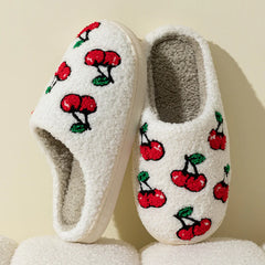 Plush Cherry Embroidered Cozy Slippers