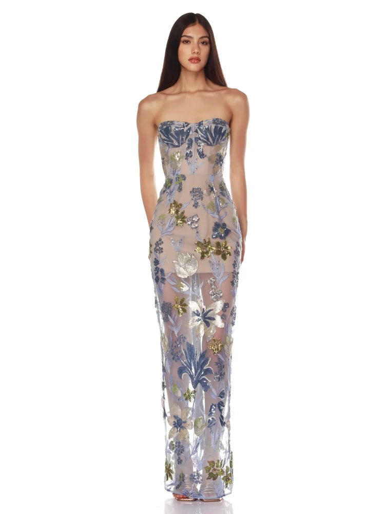 Strapless floral sequin mesh column gown profile view