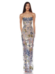 Strapless floral sequin mesh column gown profile view