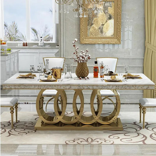 Marble Dining Table Chairs Set Stainless Steel Golden Carved Furniture