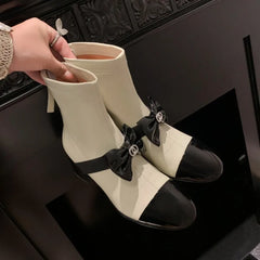 Round Bow Thick Heeled Elastic Back Zipper Women's Boots