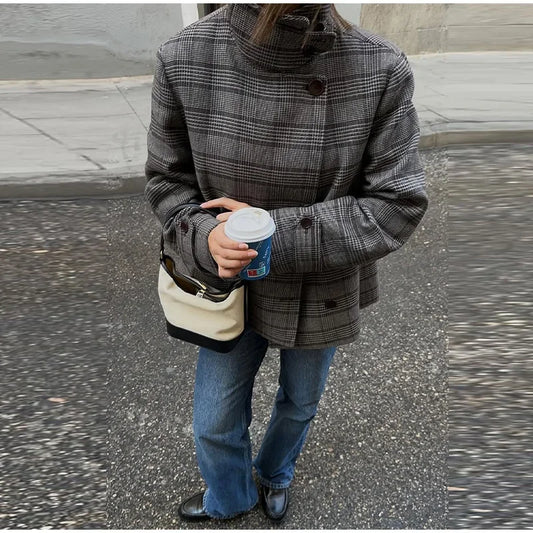 Plaid stand collar jacket with double-breasted closure