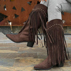 Metal Rivet Tassel Knee High Boots