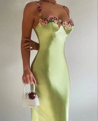 Floral Embroidered Satin Slip Dress with Spaghetti Straps