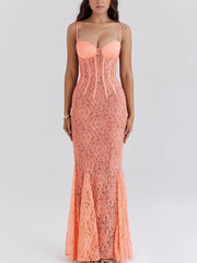 Open Back Print Floral Lace Mermaid Spaghetti Strap Maxi Dress - Golden Atelier