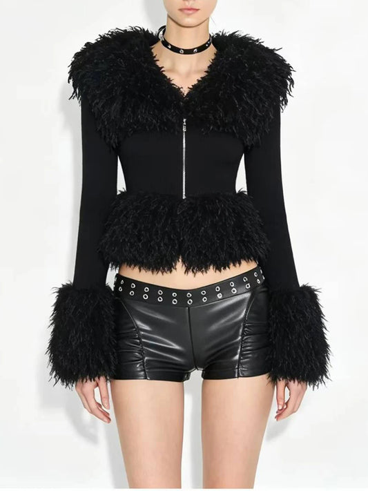 Black faux fur trimmed knit zip front top