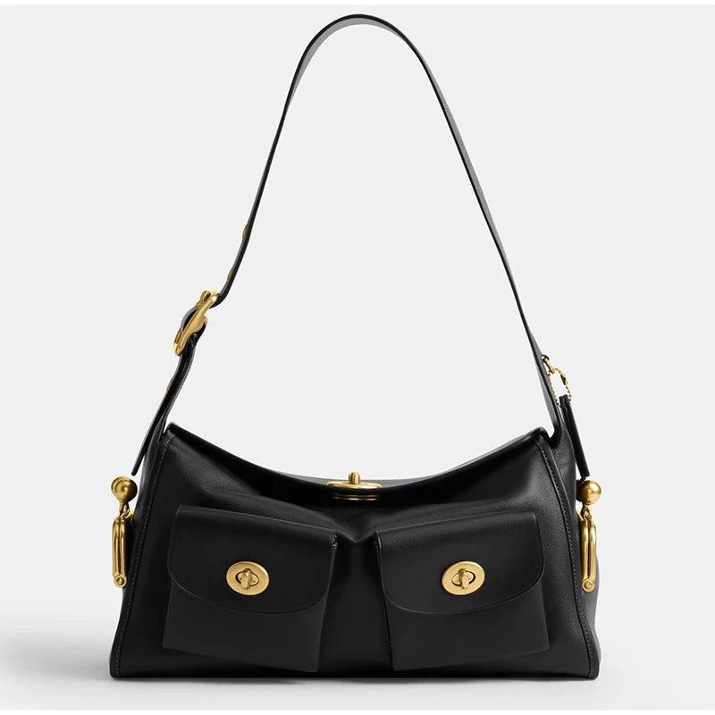 Black PU leather shoulder bag with gold-tone lock closure and two front flap pockets.