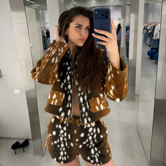 Deer print jacket and shorts two piece set