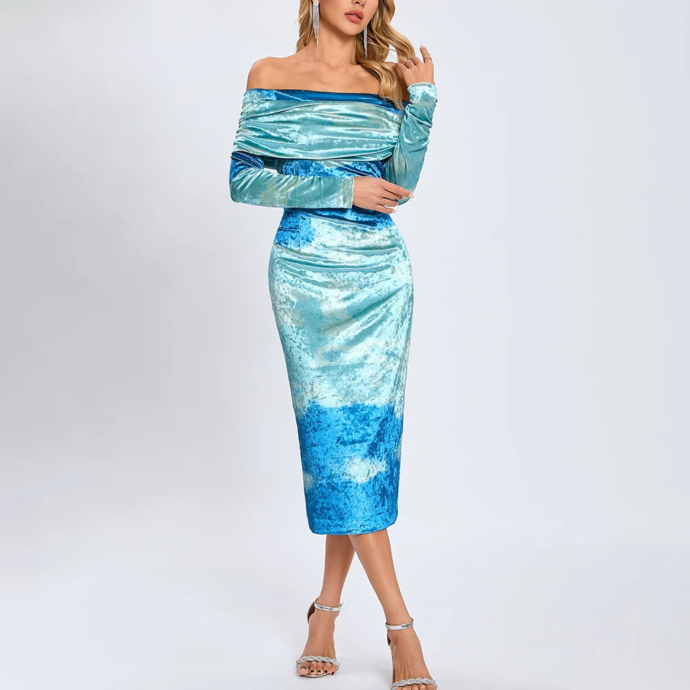 Woman wearing a blue off-shoulder dress with a gradient effect on a white background