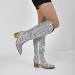 Glitter Pointed Toe Block Heel Cowboy Boots