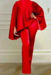 Satin Batwing Sleeve Top and Long Pants 2 Piece Set for Women