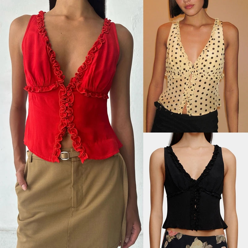 Three different tank tops in red, beige with black polka dots, and black displayed on mannequins.