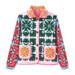Close-up of the floral print design on a pink quilted jacket.