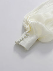 White Stand Collar Lantern Sleeve Maxi Dress