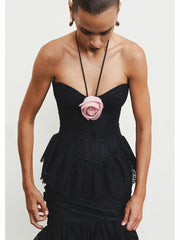 Black lace fringe pink flower halter maxi dress.