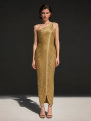 Model wearing a gold fringe one-shoulder midi dress from the front