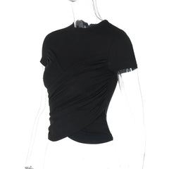 Women’s black pleated bandage cropped T-shirt with Y2K streetwear vibe.